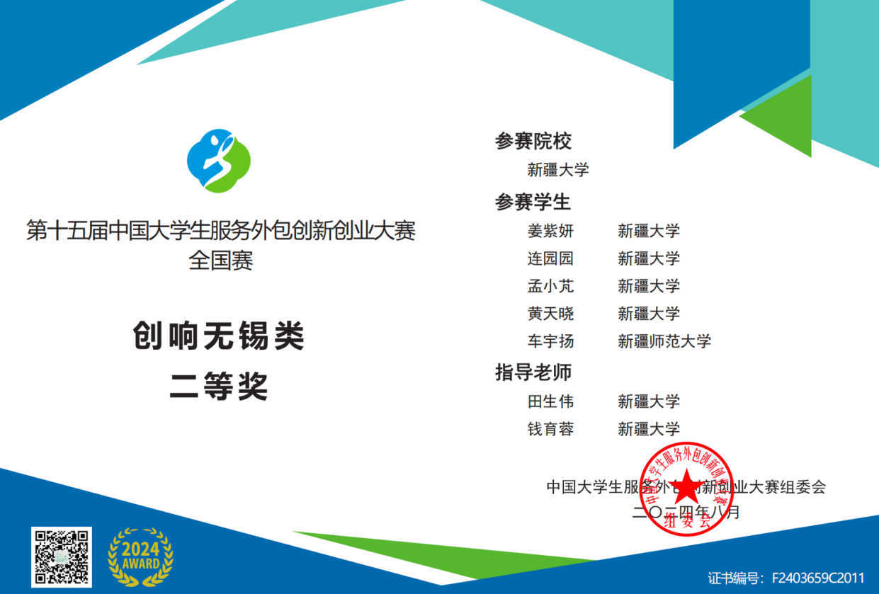 第十五届中国大学生服务外包创新创业大赛全国赛 国家级二等奖证书