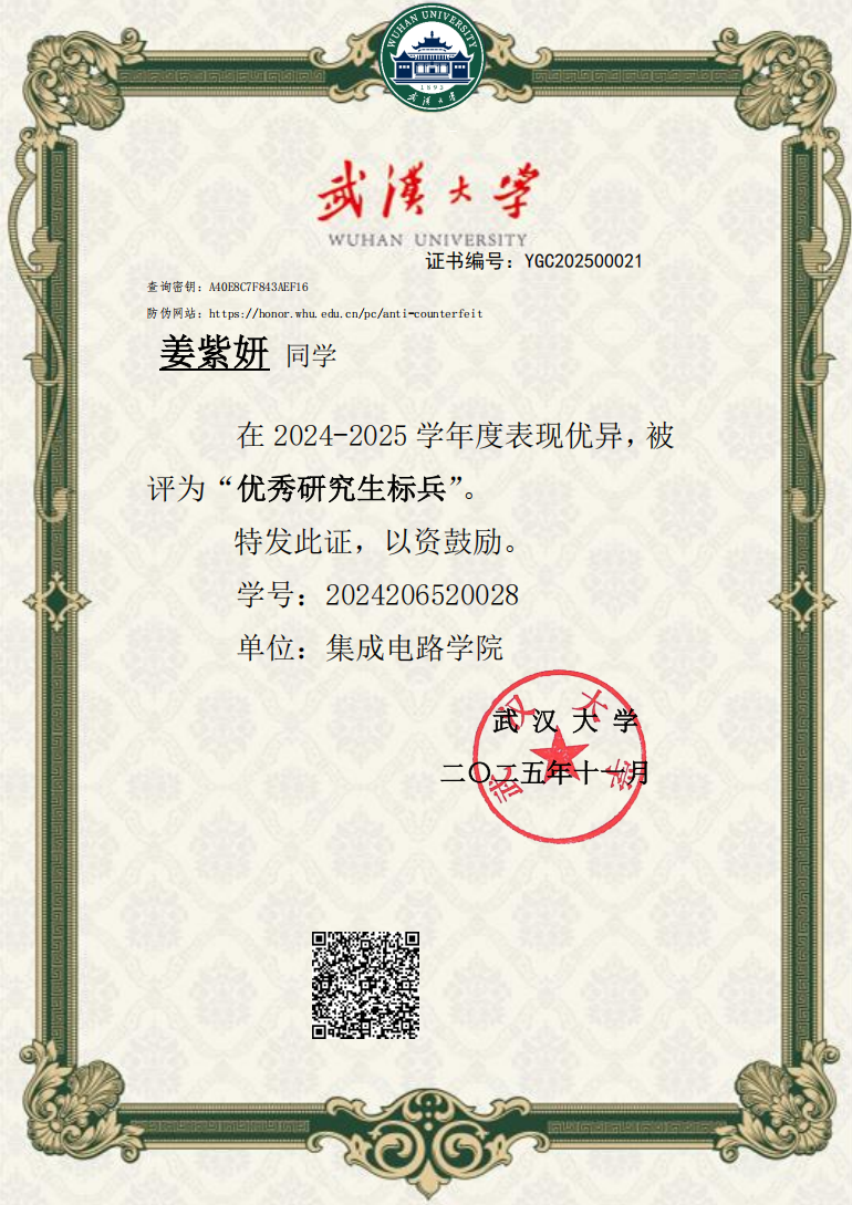 校级优秀研究生标兵奖金（学院唯一）证书